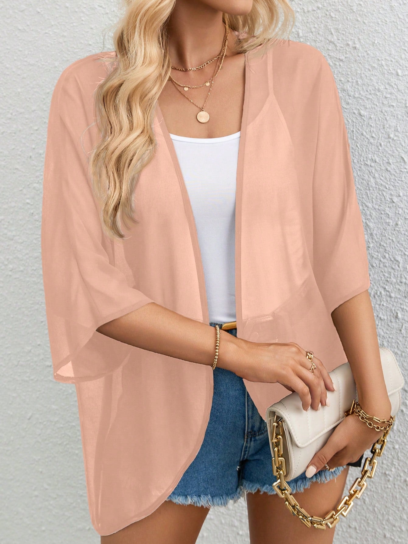 Solid Open Front Batwing Sleeve Sheer Coat