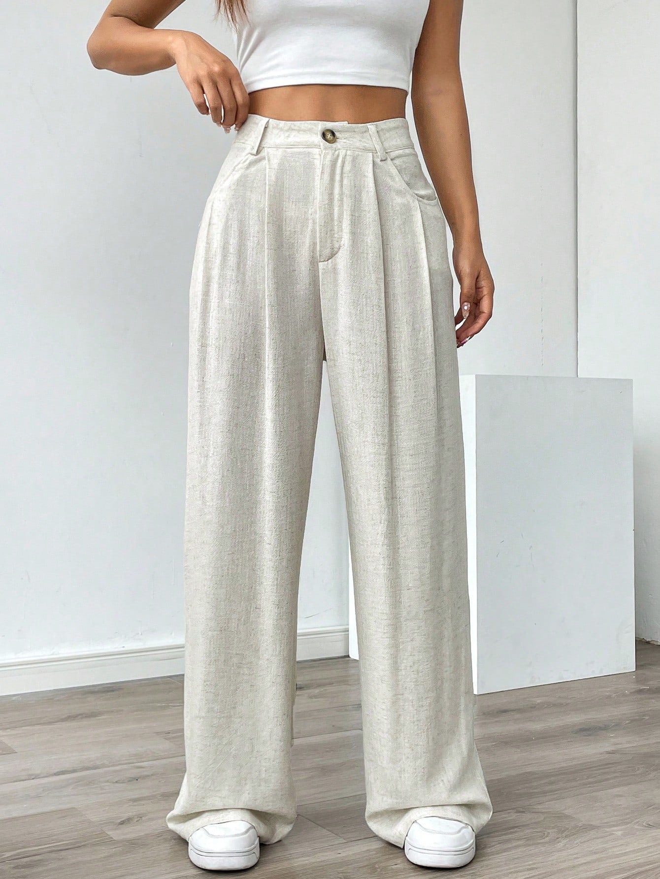 Women's Solid Color Button Pocket Casual Straight Pants