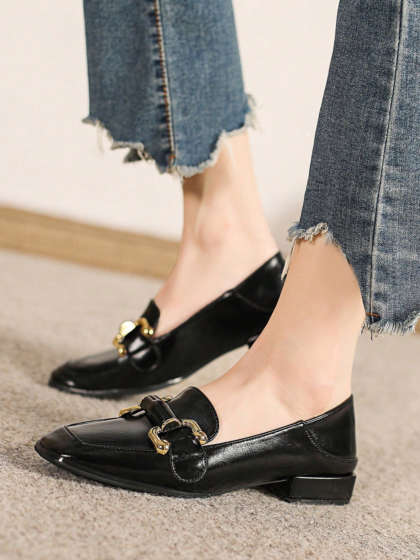 Fashionable Square Toe Loafers Women Chunky Heel Mules Women Shoes