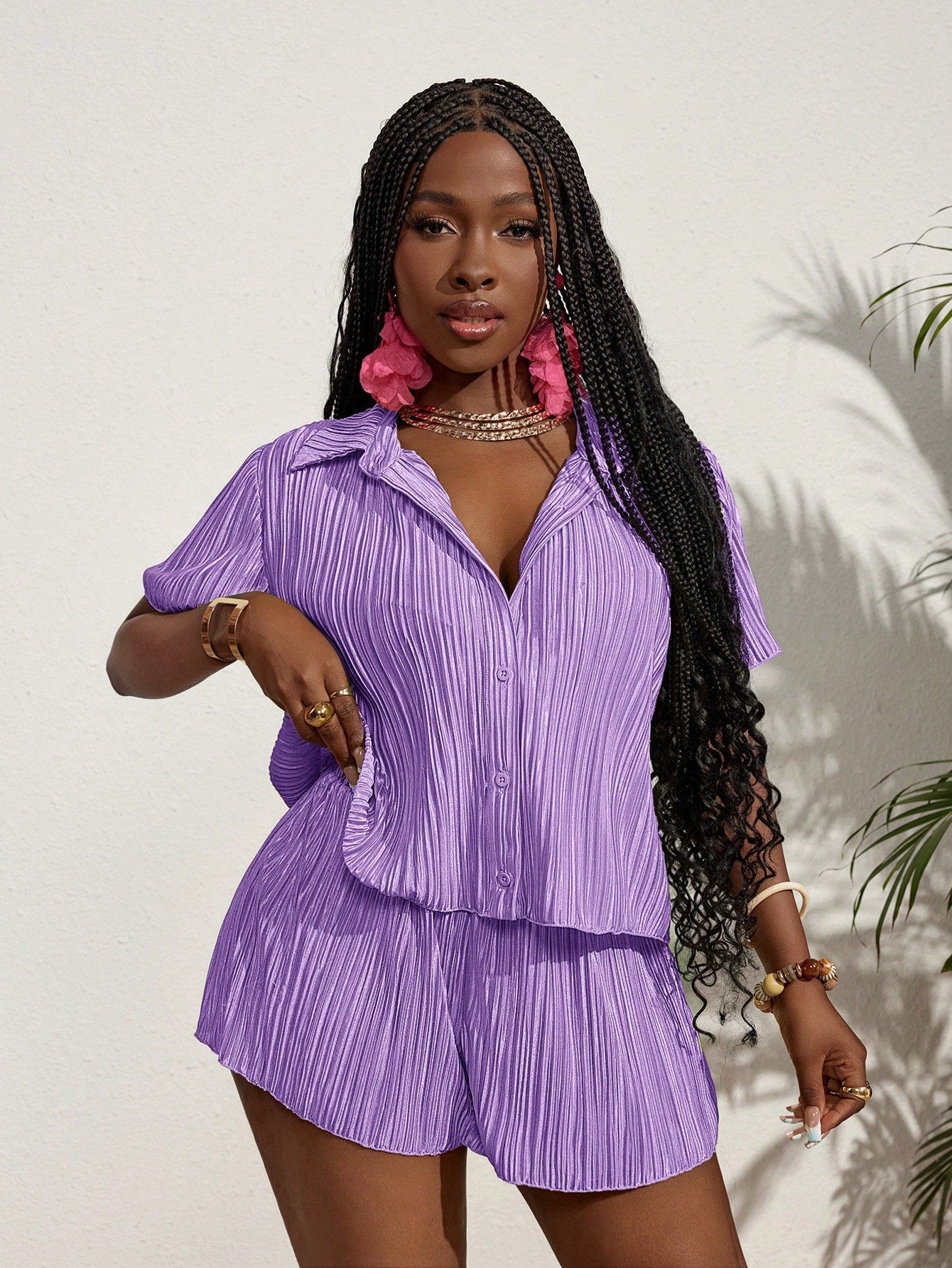 SLAYR Vacation Pleated Stripe Shirt Two-Piece Set For Women