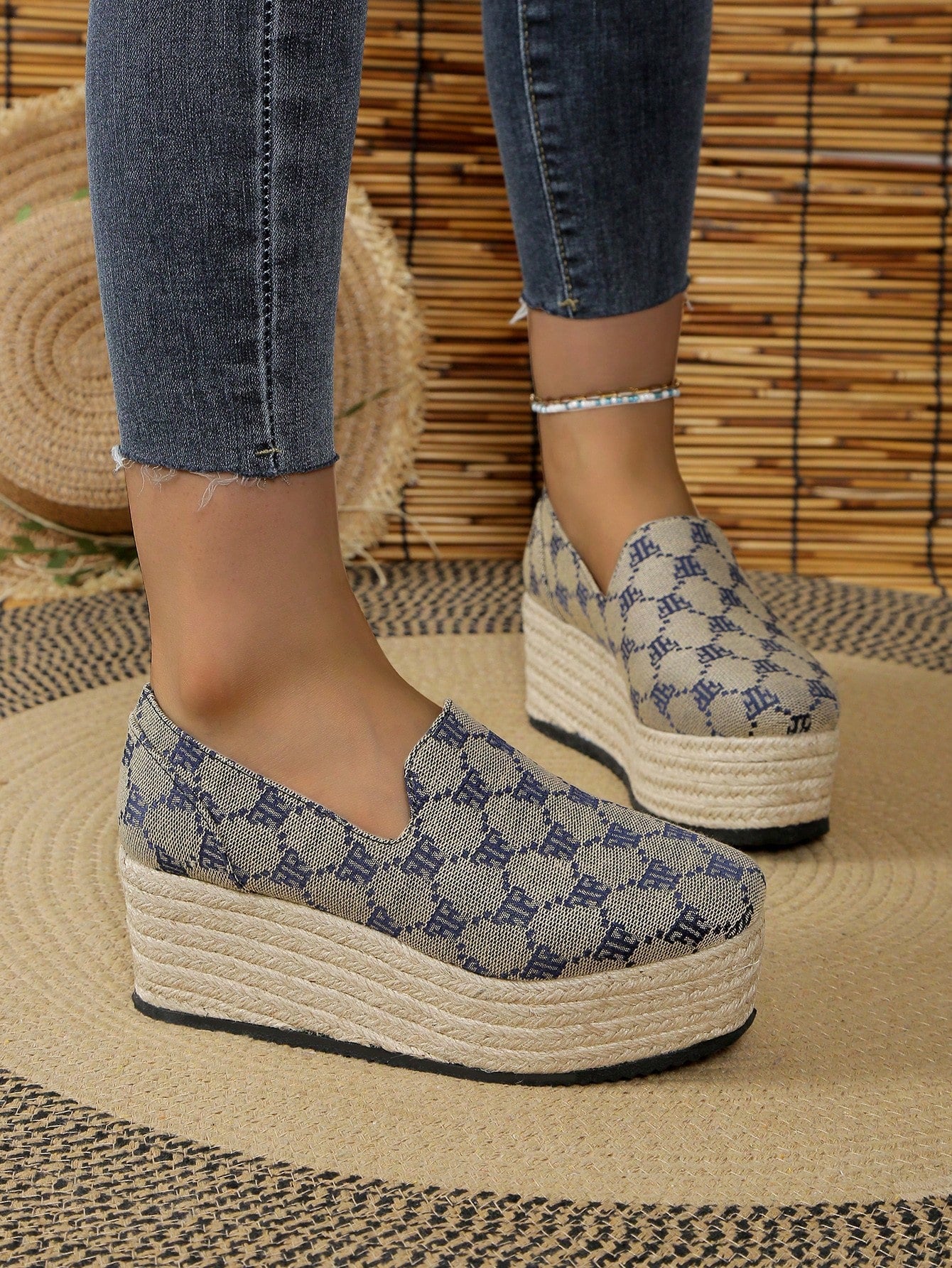 35-43 Wedge Heel Round Toe Casual Outdoor Linen Rope Platform Slip On Thick Sole Pumps For Women, Spring/Autumn