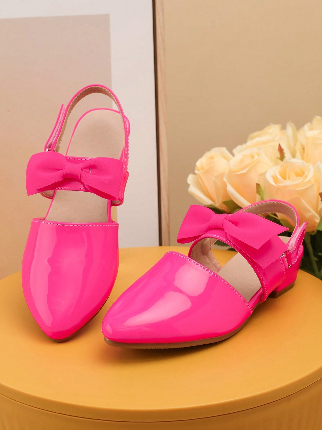 Girls Bow Decor Neon Pink Point Toe Slingback Flats For Outdoor