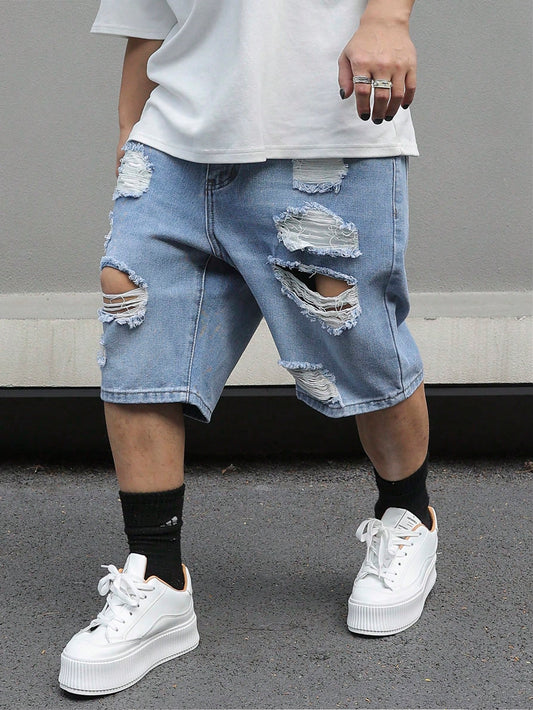 Men's Plus Size Wide-Leg Denim Shorts With Pockets And Distressed Detailing, Summer Jean Shorts