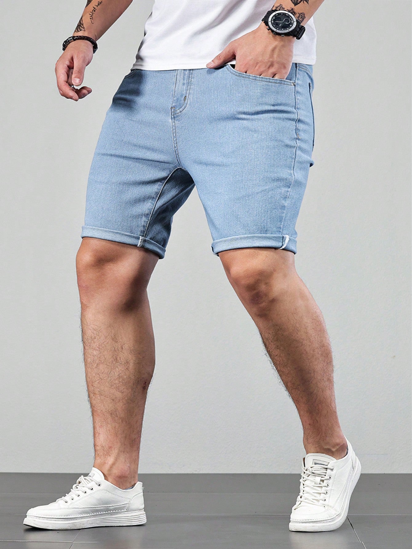 Men's Plus Size Cuffed Casual Denim Shorts With Pockets