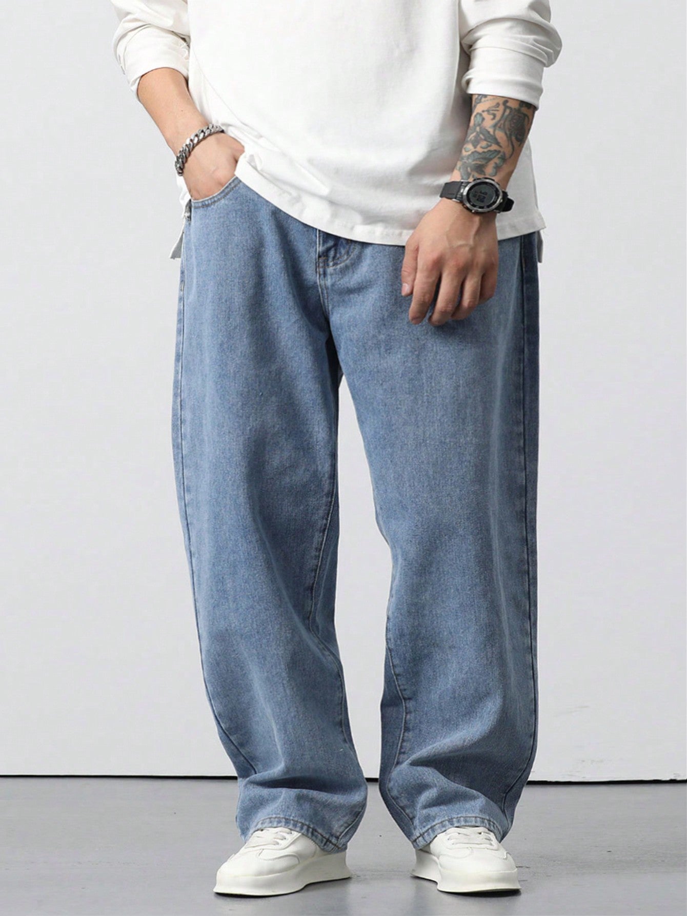 Men's Plus Size Cone-Shaped Washed Baggy Jeans, Casual