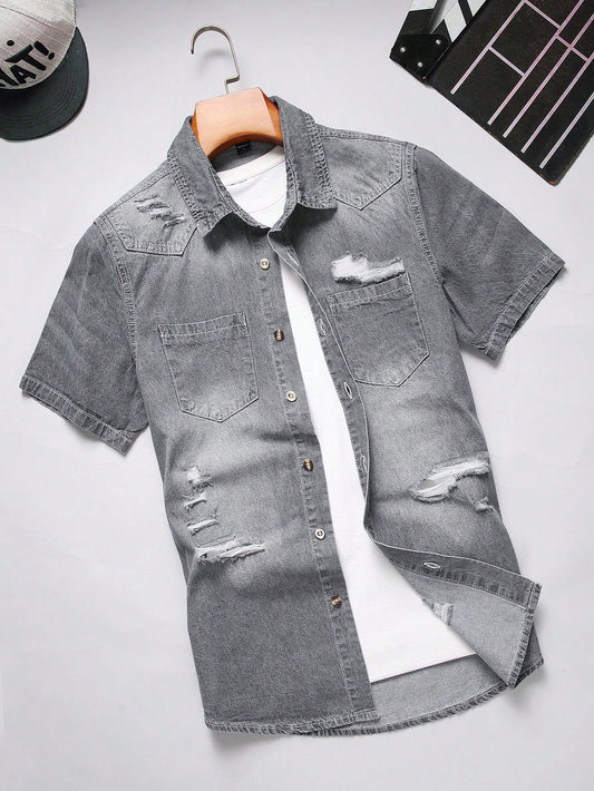 Men Cotton Ripped Frayed Dual Pocket Button Up Grey Denim Shirt Without Tee, Going Out