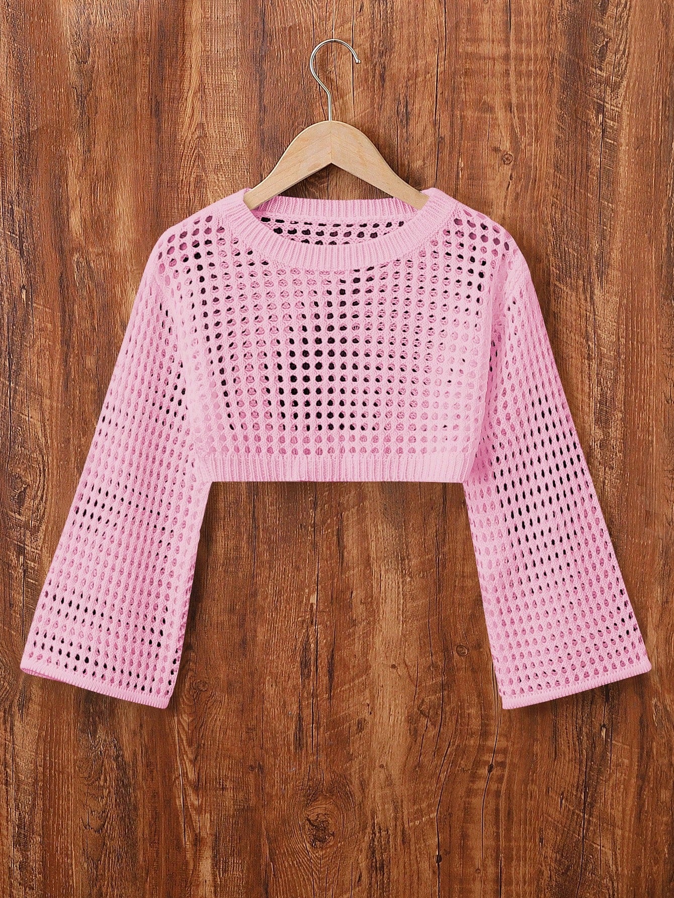 Tween Girl Simple Hollow Knit Round Neck Flare Sleeve Sweater