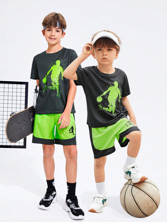 2pcs Young Boy Casual Basketball Pattern Patchwork Mesh Breathable Round Neck Short Sleeve T-Shirt And Shorts Sports Set