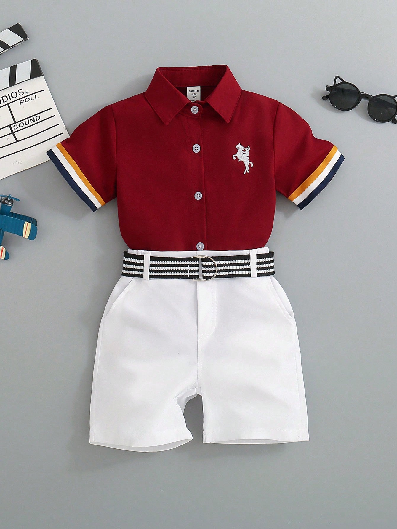 Young Boy Striped Cuff Embroidery Shirt With Belted Shorts