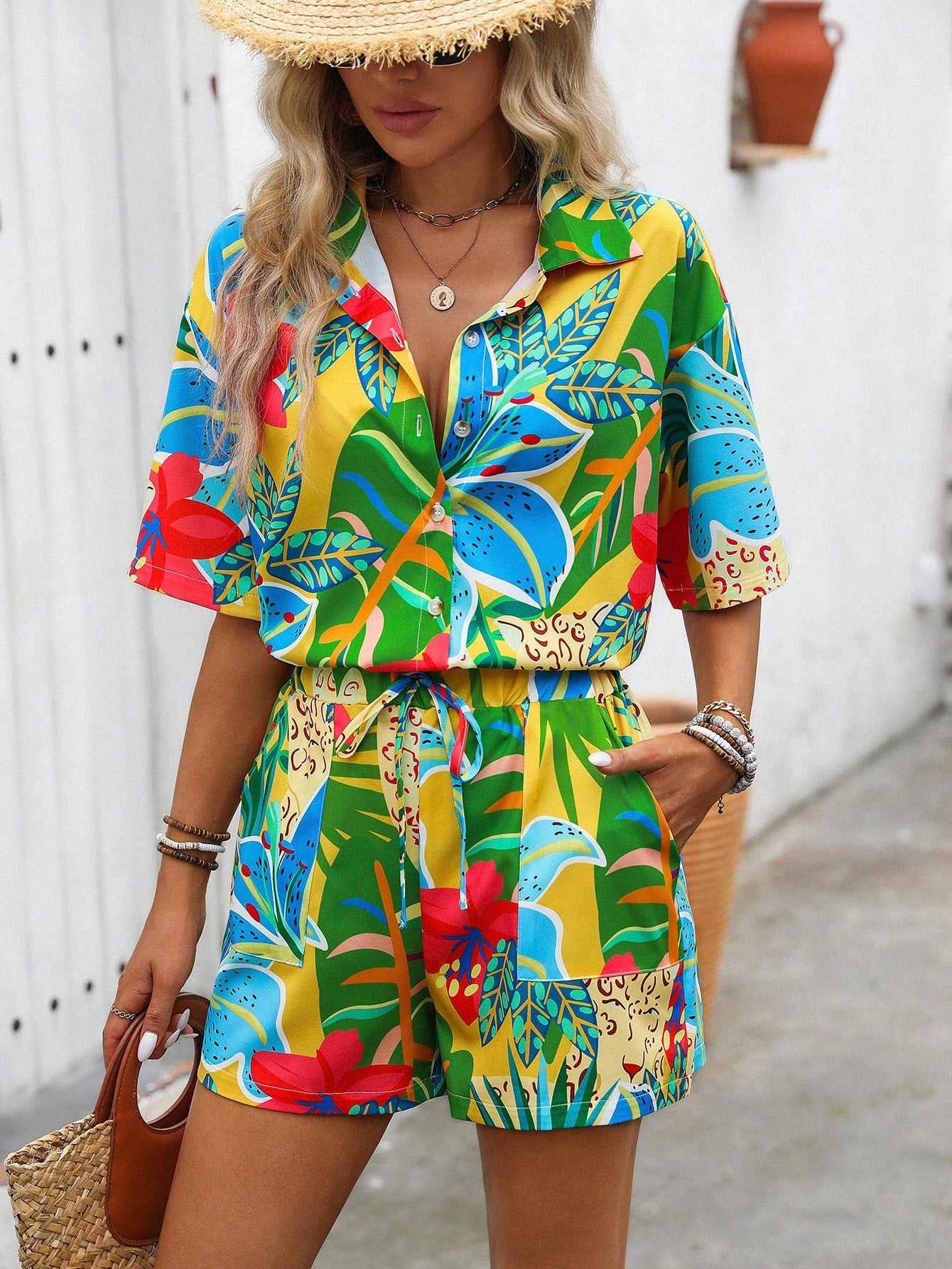 Summer Vacation Leopard, Flower & Plant Printed Shirt And Shorts Set