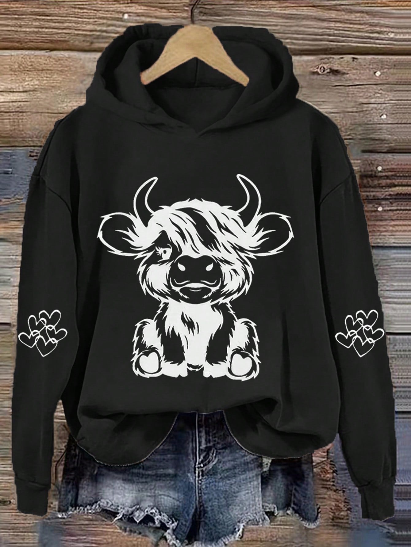 Women Spring And Autumn Cartoon Cow Print Drop Shoulder Long Sleeve Hooded Loose Casual Sweatshirt