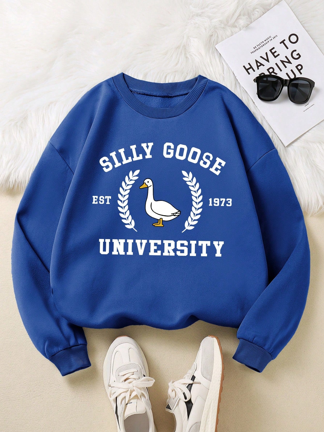 Women's Plus Size Letter Print Crew Neck Sweatshirt, SILLY GOOSE EST 1973 UNIVERSITY