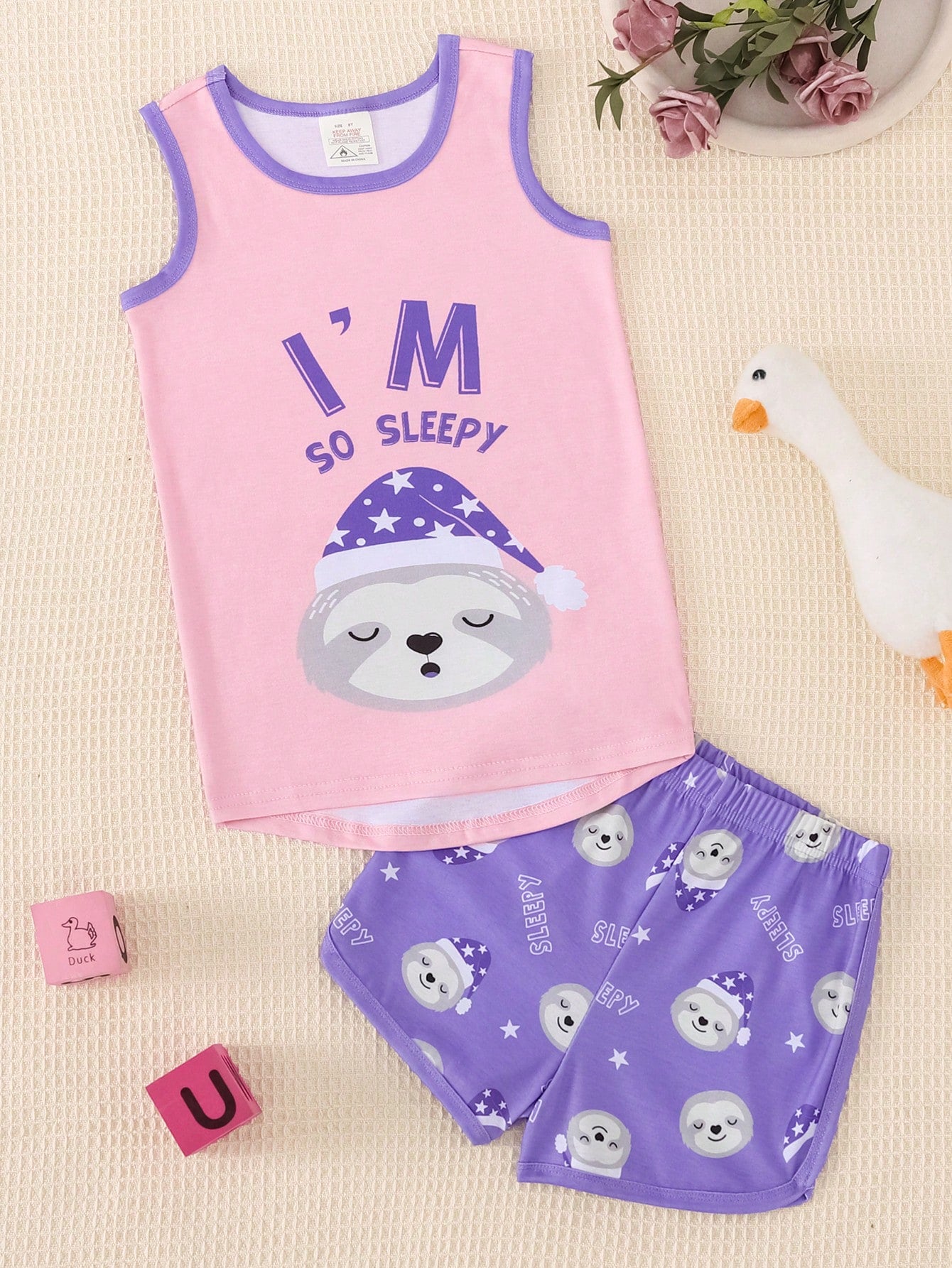 2pcs Tween Girl Snug Fit Pajamas, Cute Slouchy Sloth Printed Tank Top And Shorts Set For Summer, Sleeveless Home Clothing