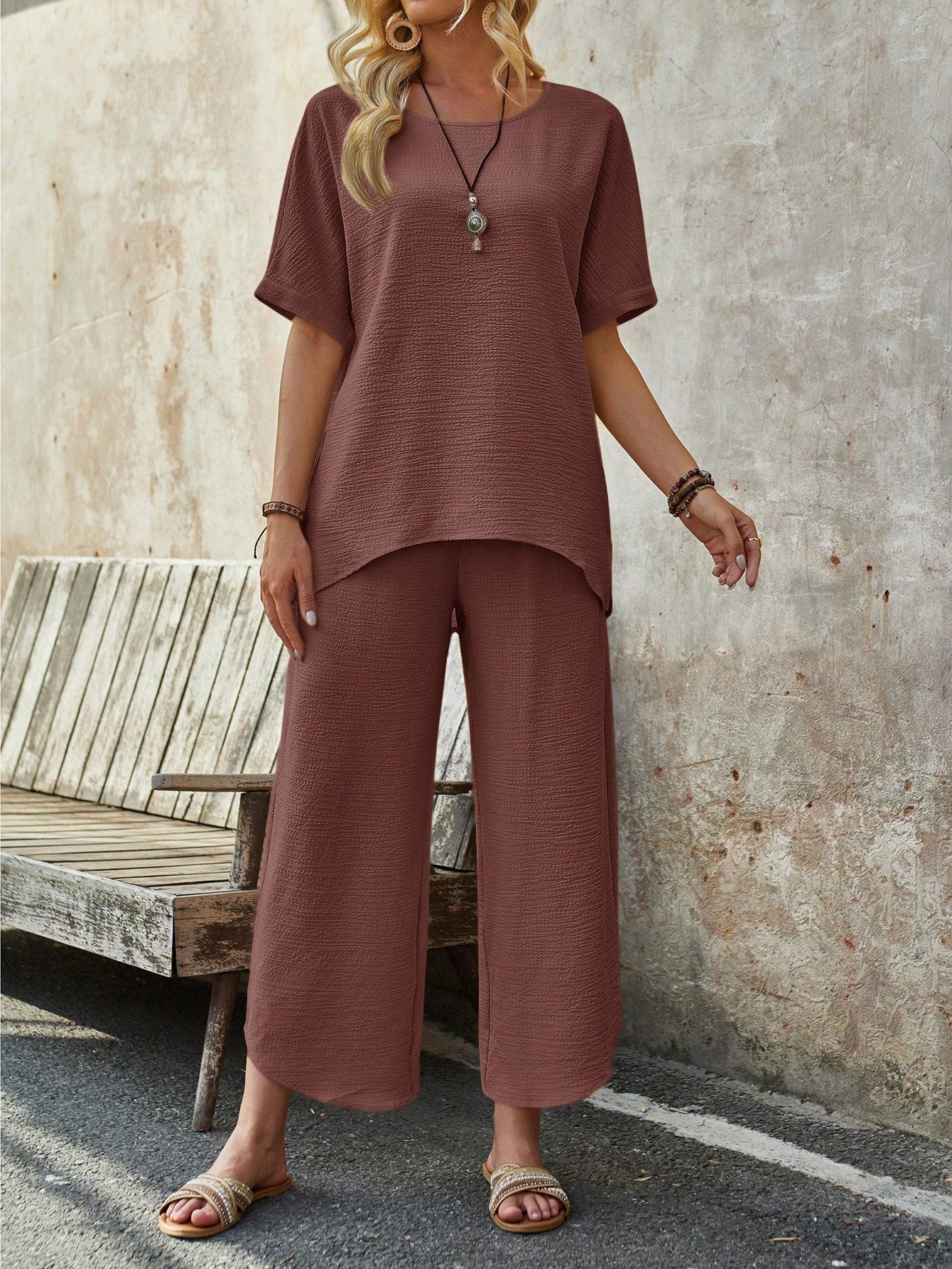 Women's Summer Short-Sleeve Asymmetrical Hem Top And Trousers Two-Piece Set