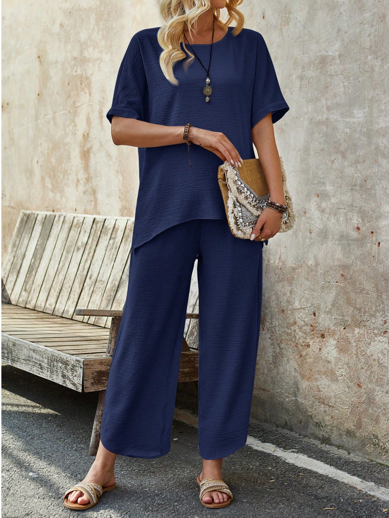 Women's Summer Short-Sleeve Asymmetrical Hem Top And Trousers Two-Piece Set