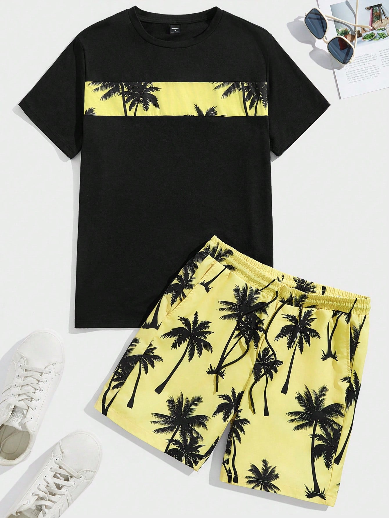 Men's Tropical Print Colorblock Knitted T-Shirt And Drawstring Waist Shorts Set