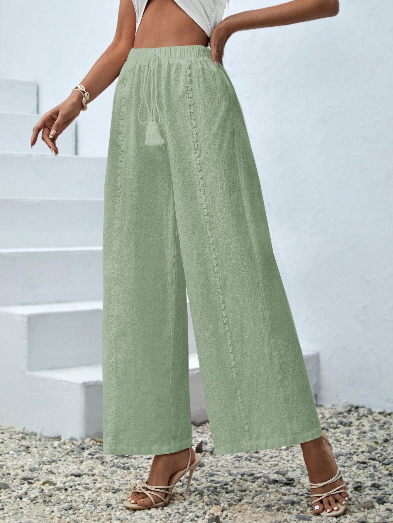 Women's Solid-Colored Loose Fit Casual Trousers With Tassel Detail Pants Pendant Decoration Beach