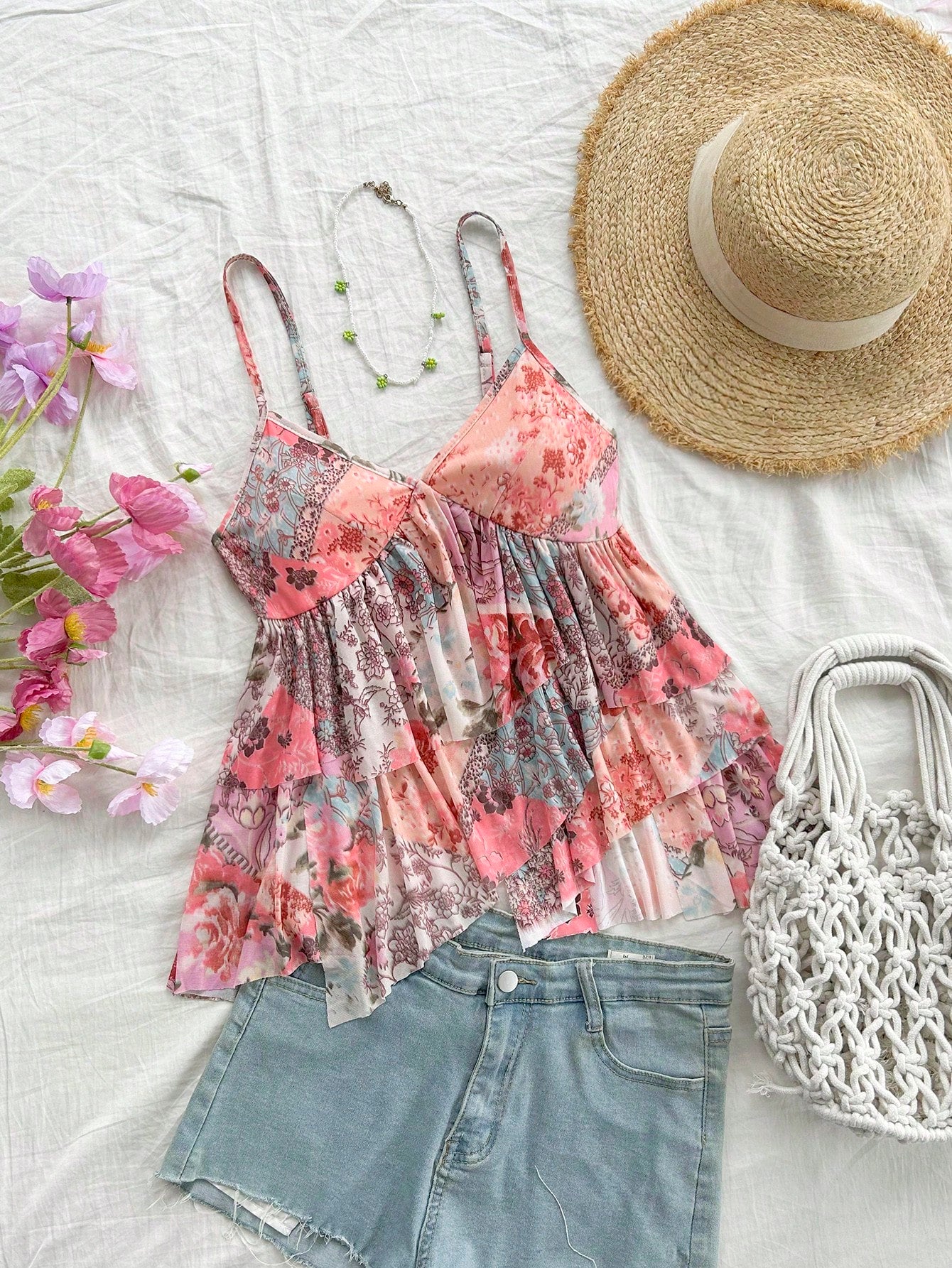 Romantic Vacation Irregular Hem Ditsy Floral Camisole Top