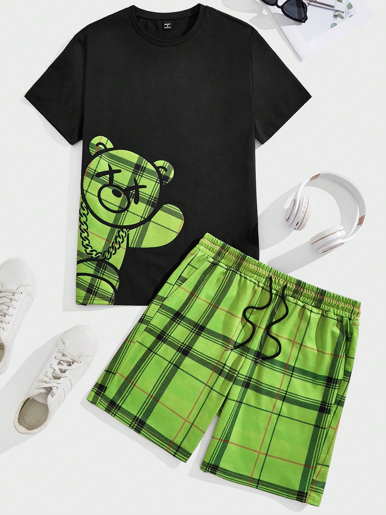 Men's Checkered Bear Print Short Sleeve T-Shirt And Drawstring Waist Shorts Set