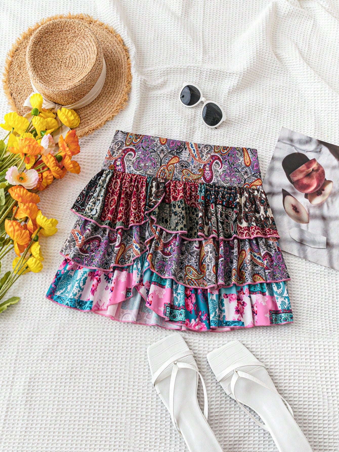 Summer Vacation Romantic Mini Skirt, Irregular Multi-Layered Cake-Style Skirt In White Texture Fabric, Women's Skirt