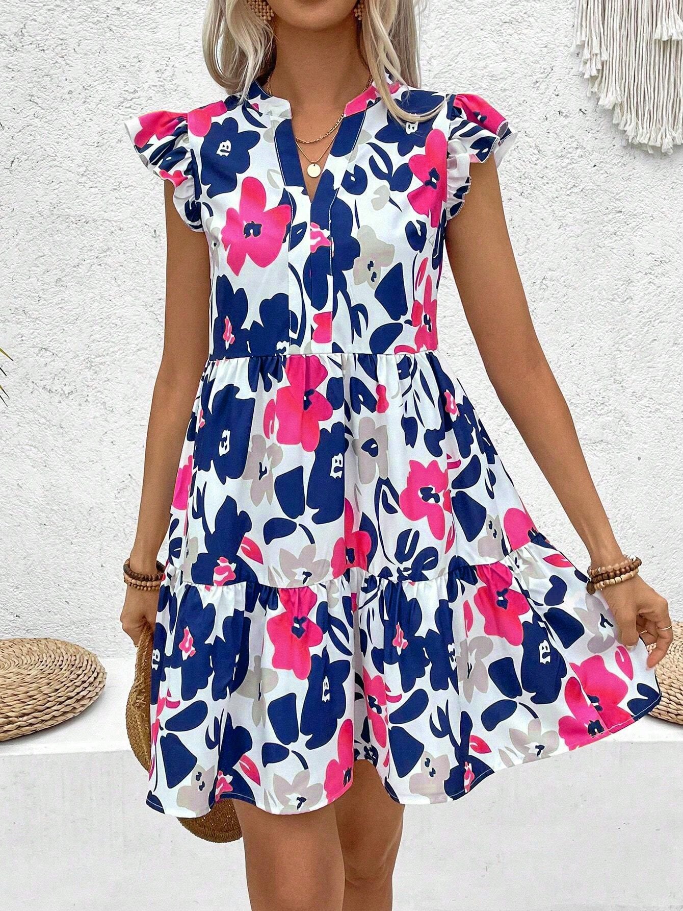 Floral Print Notched-Neck Mini Flutter Sleeve Dress