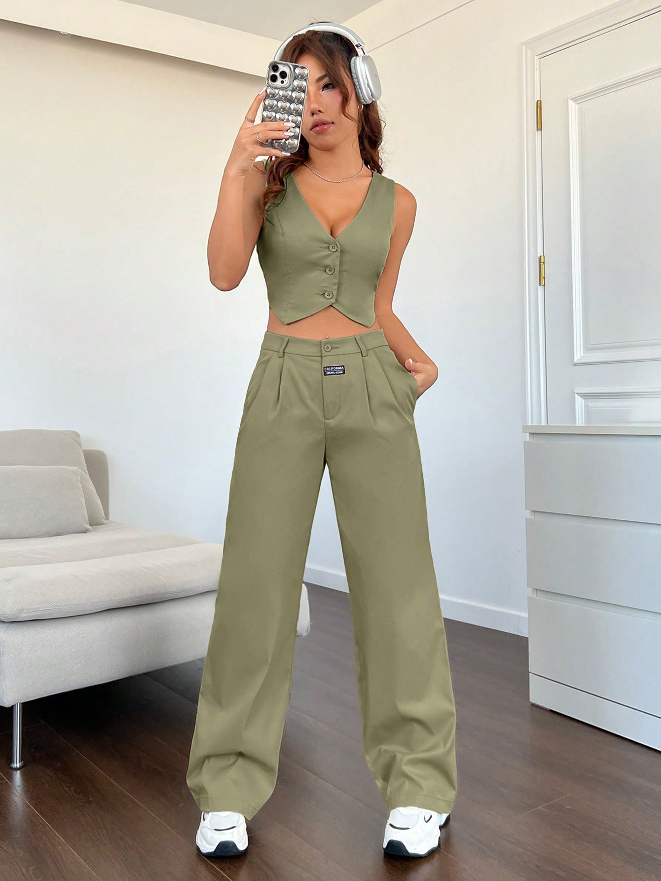 Women's Summer Corduroy Solid Color Single-Breasted Suit Vest And Loose Long Pants Set