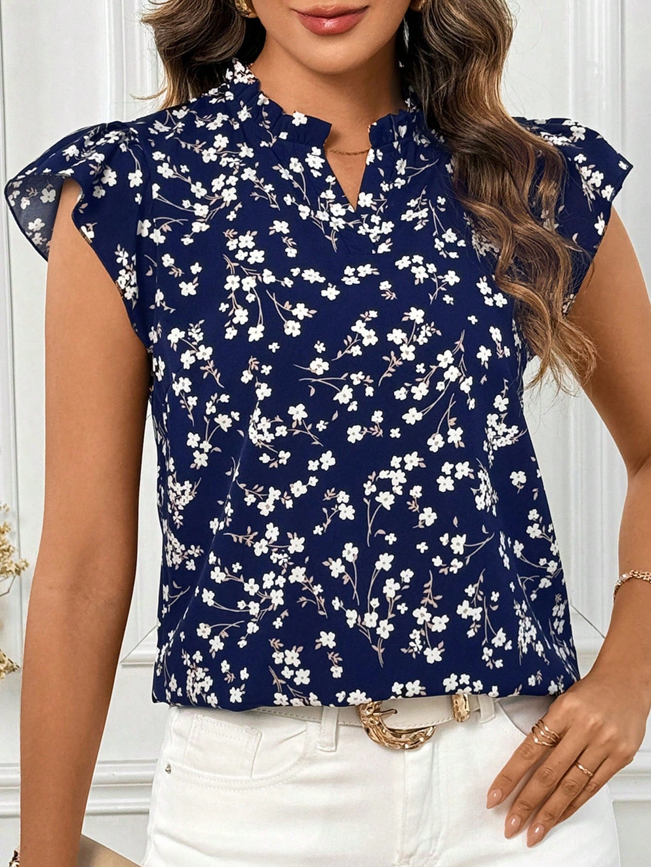 Women Notched V-Neck Shirt With Ruffle Sleeves For Summer  Flower Summer Cute Shirts