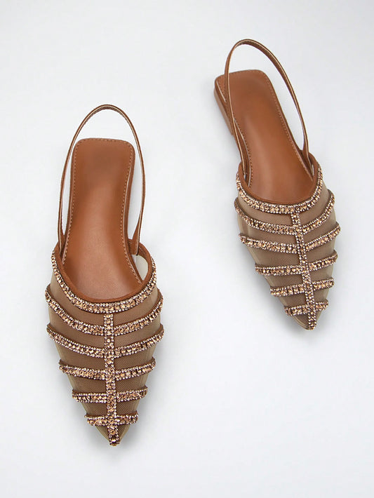 Women's Gorgeous Rhinestone Decorated Brown Suede Mesh Lined Pointed Toe Slingback Elegant Comfortable Daily Party Flat Shoes