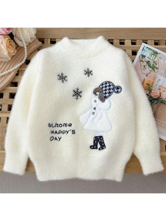 Young Girl Cartoon Embroidery Round Neck Faux Cashmere Sweater