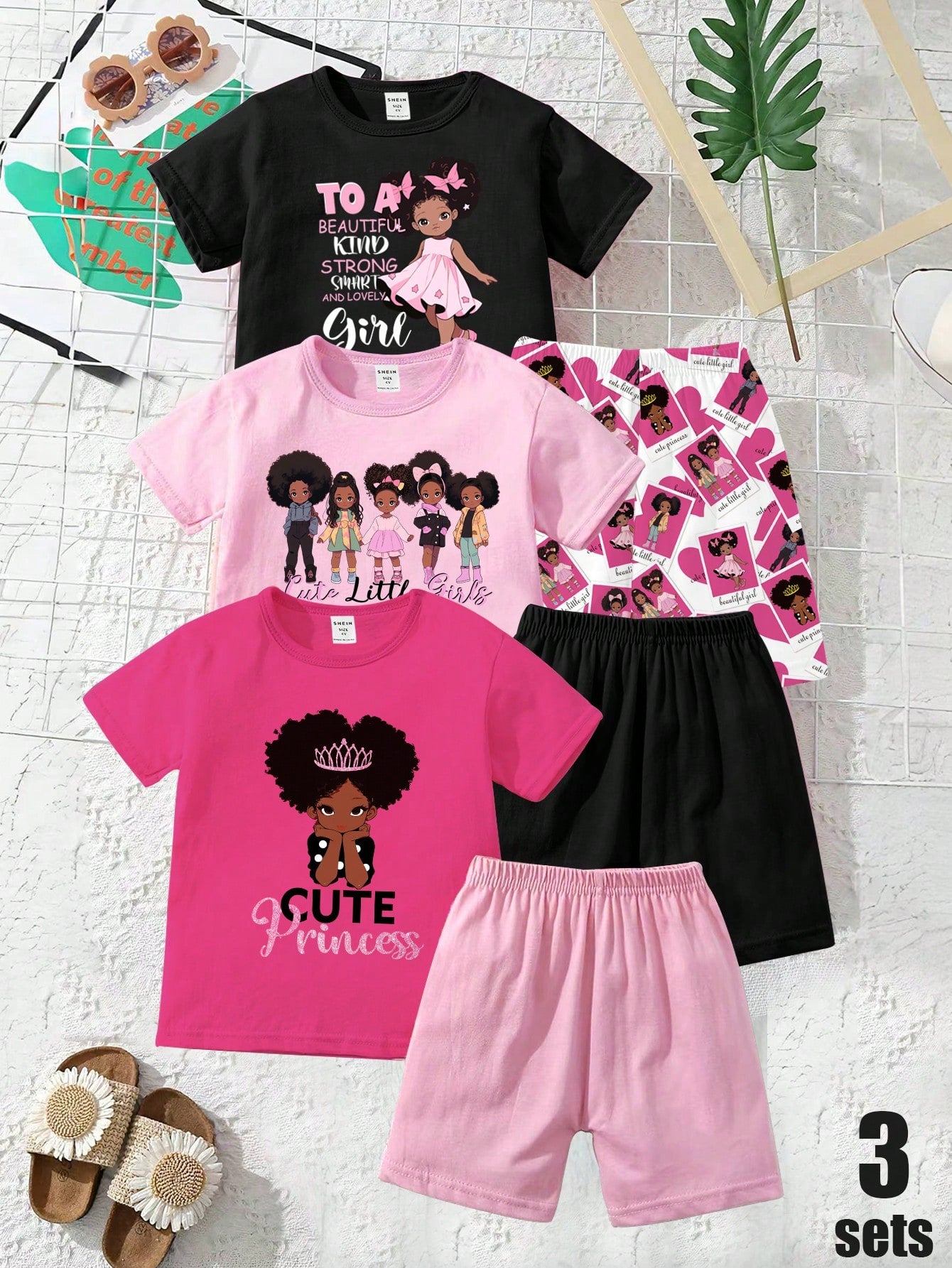 Young Girl 3pcs/Set Fashionable Cute Cartoon Printed Short Sleeve T-Shirt And Leggings