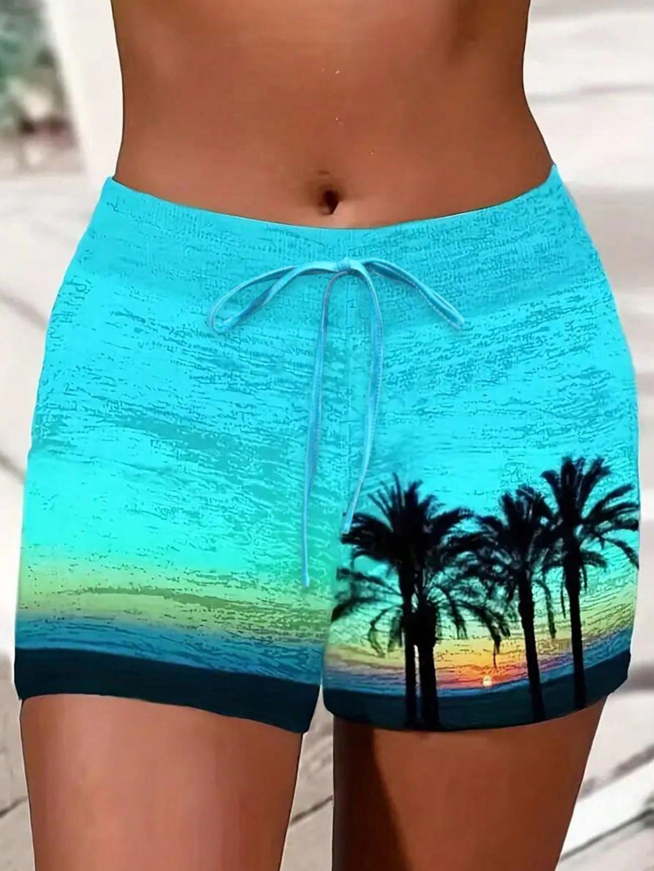 Women Casual Hawaii Style Palm Tree Print Shorts For Daily Wear, Beach Vacation In Summer.