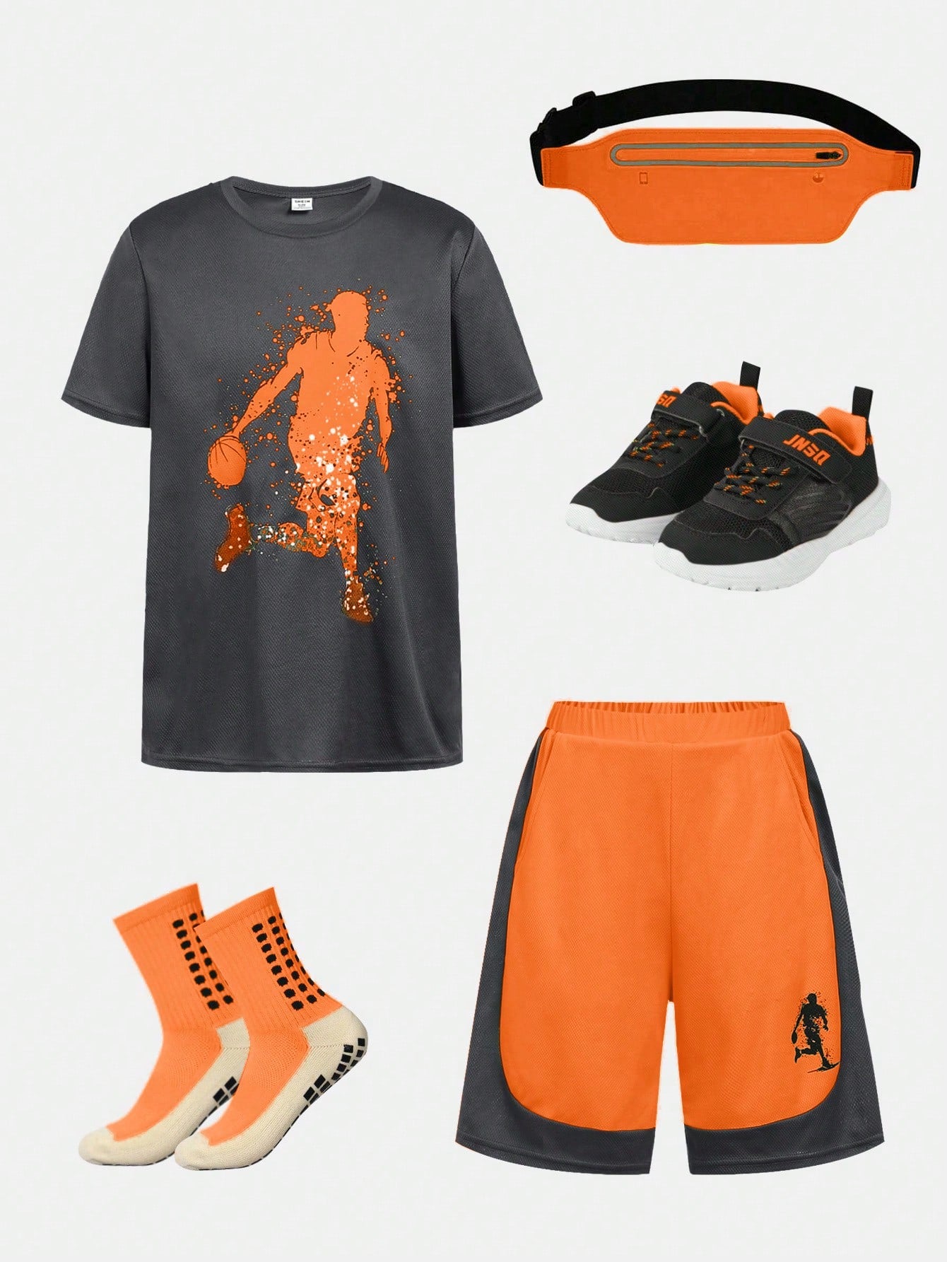 Tween Boy Casual Patchwork Contrast Color Basketball Printed Round Neck Short Sleeve T-Shirt And Shorts Sports 2pcs Set