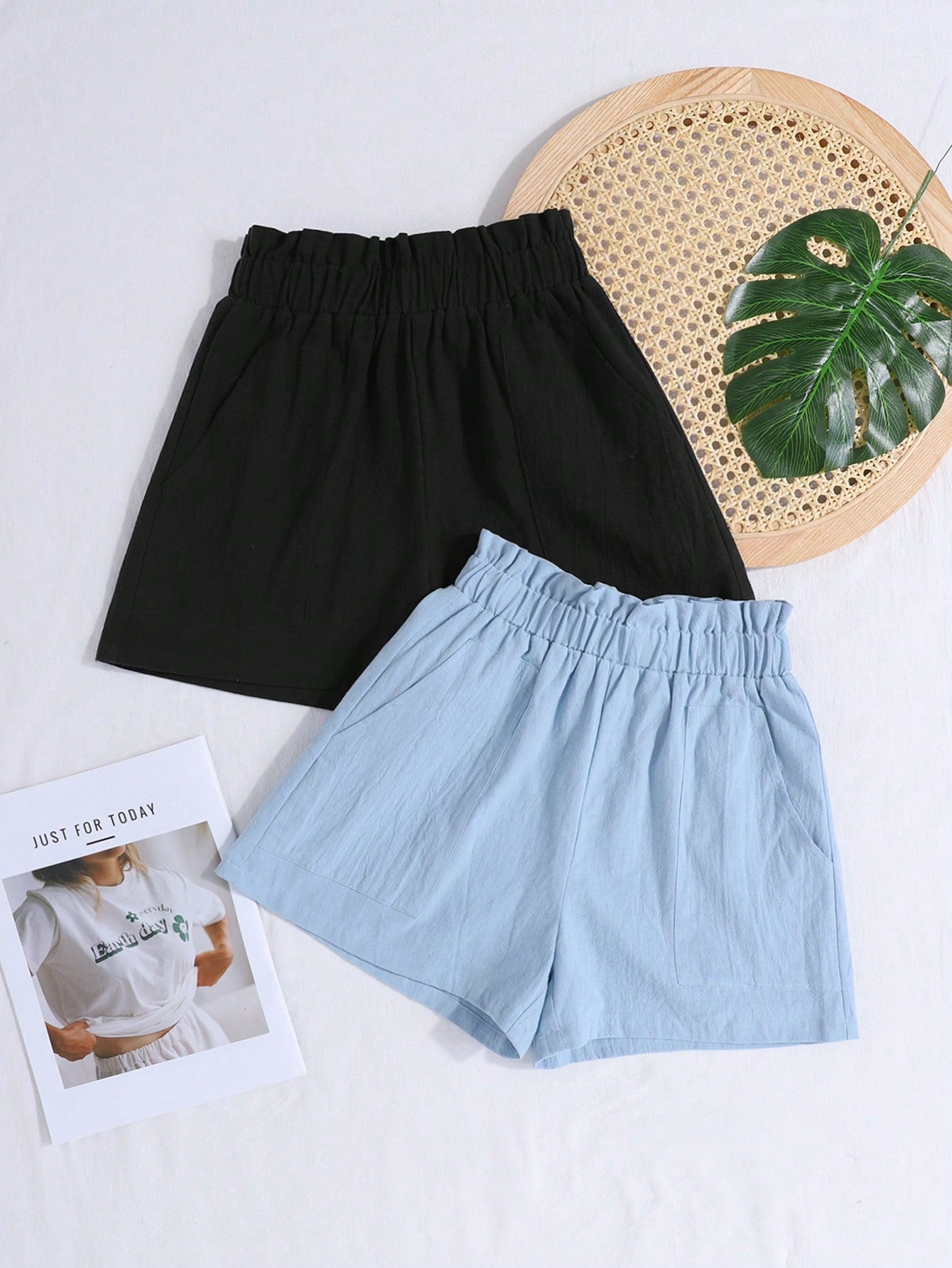 Tween Girl 2pcs Plain Woven Straight Shorts For Spring/Summer Vacation And Leisure