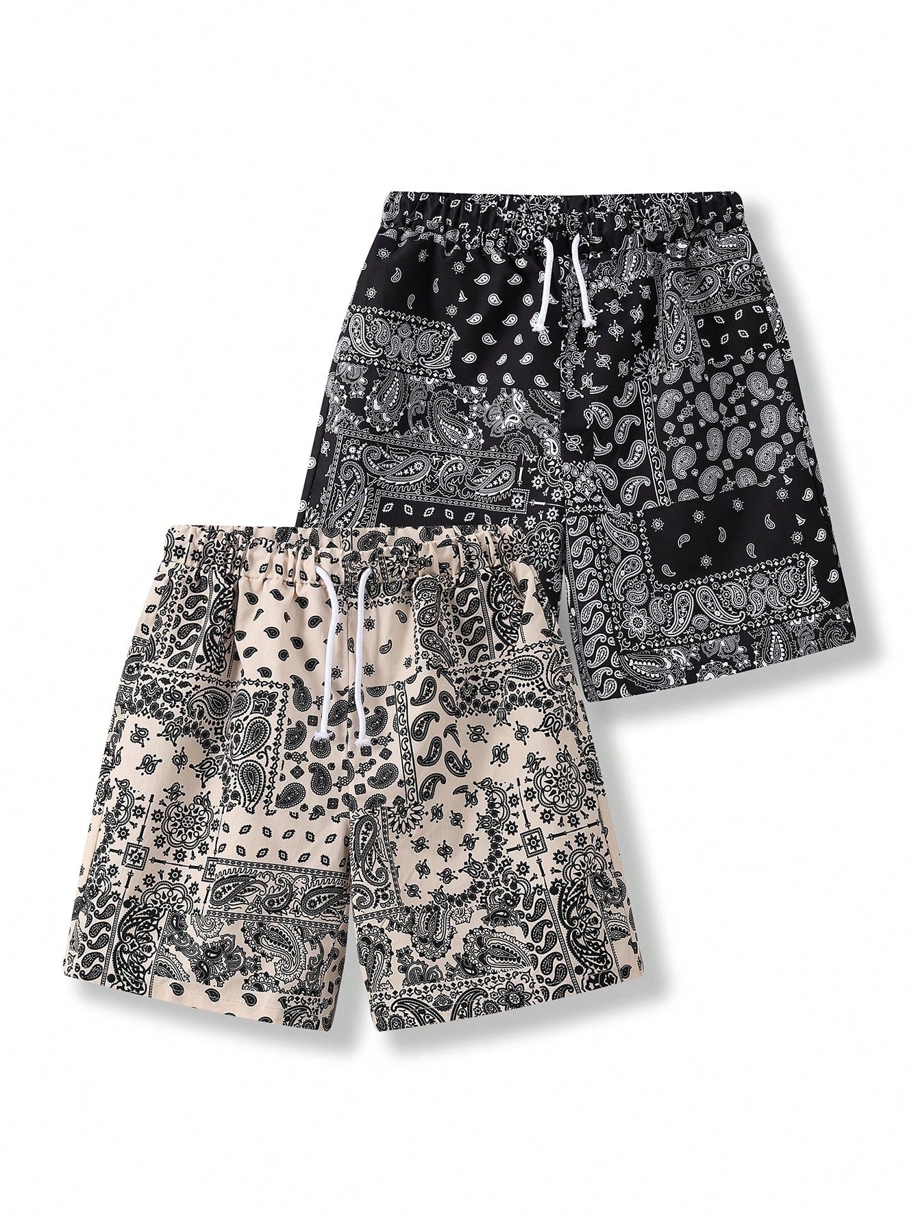 Teen Boys' Casual Fit Paisley  Pattern Full Print Shorts With Blue And Black Drawstring, Summer