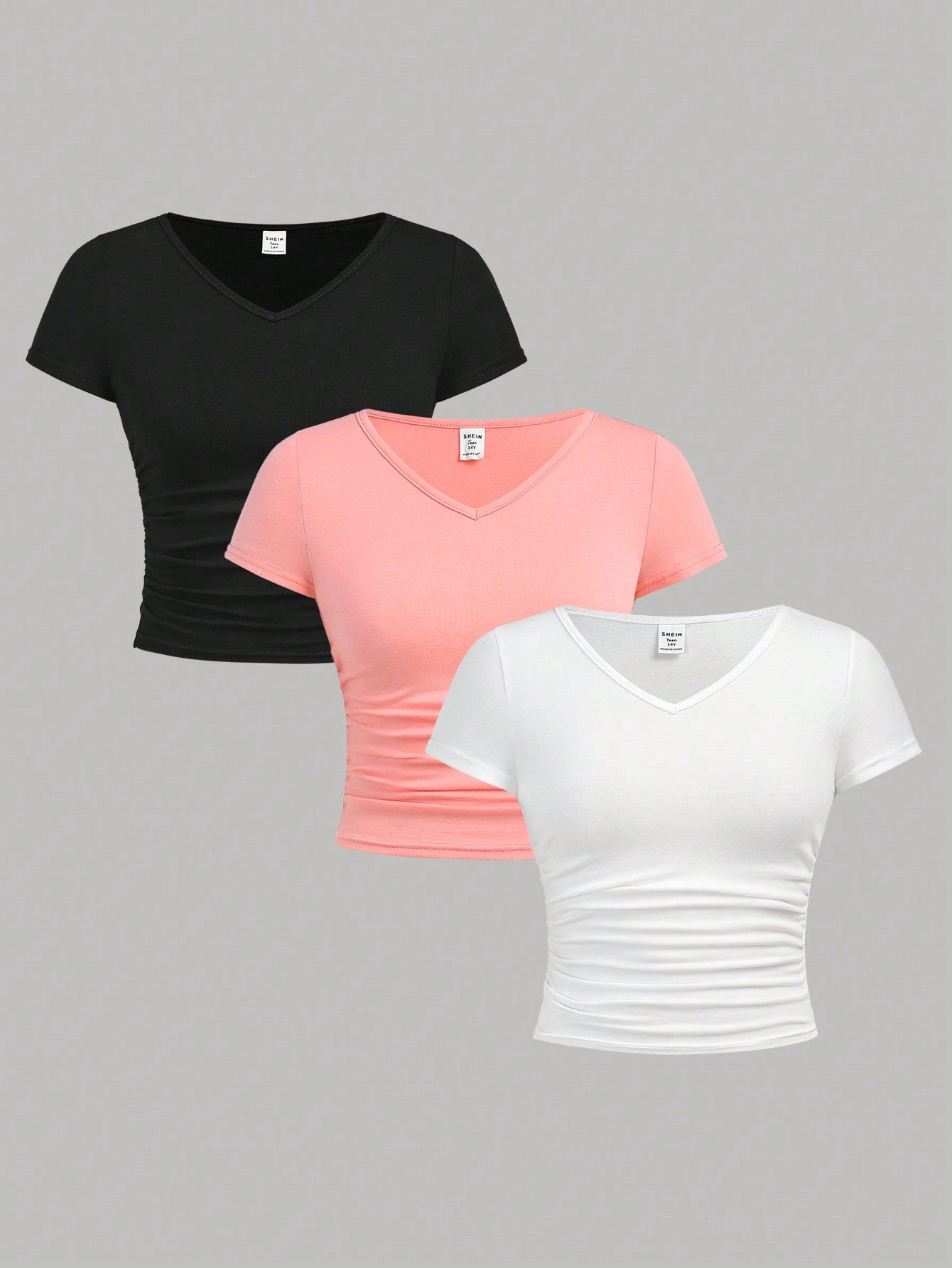 Teen Girl's Knitted Solid Color V-Neck Short Sleeve T-Shirt With Pleats, Set Of 3 For Casual Wear