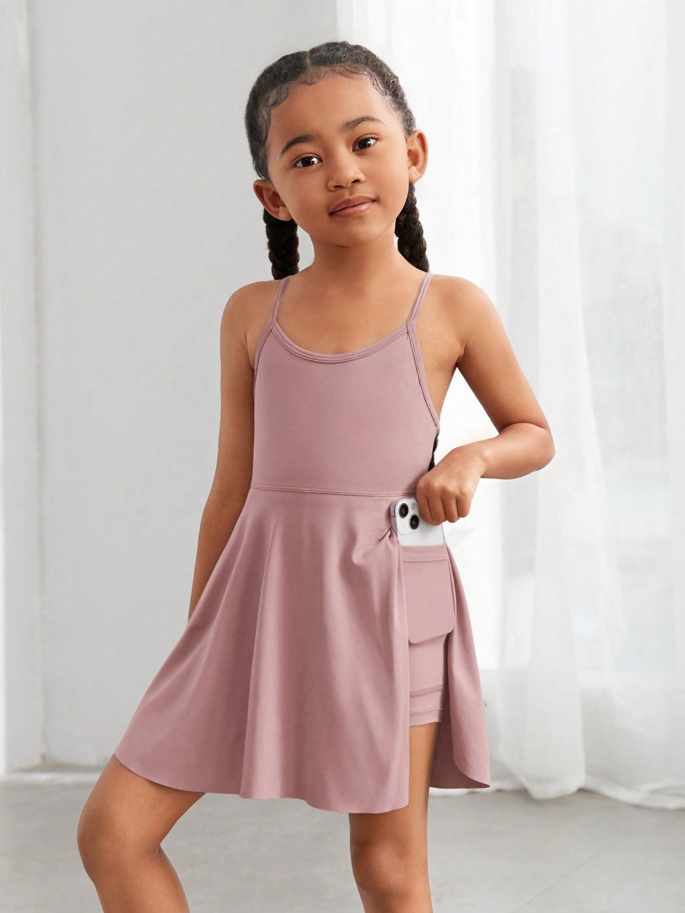 Young Girl Solid Sports Dress With Phone Pocket