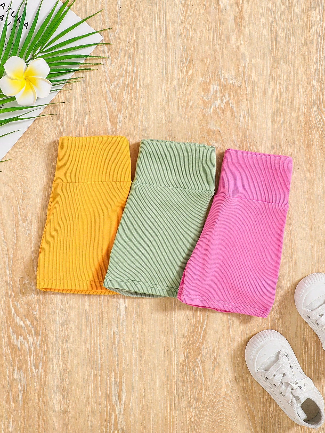 Young Girls' Sporty And Cool Knit Solid Color High Waist Shorts 3pcs/Set For Spring/Summer