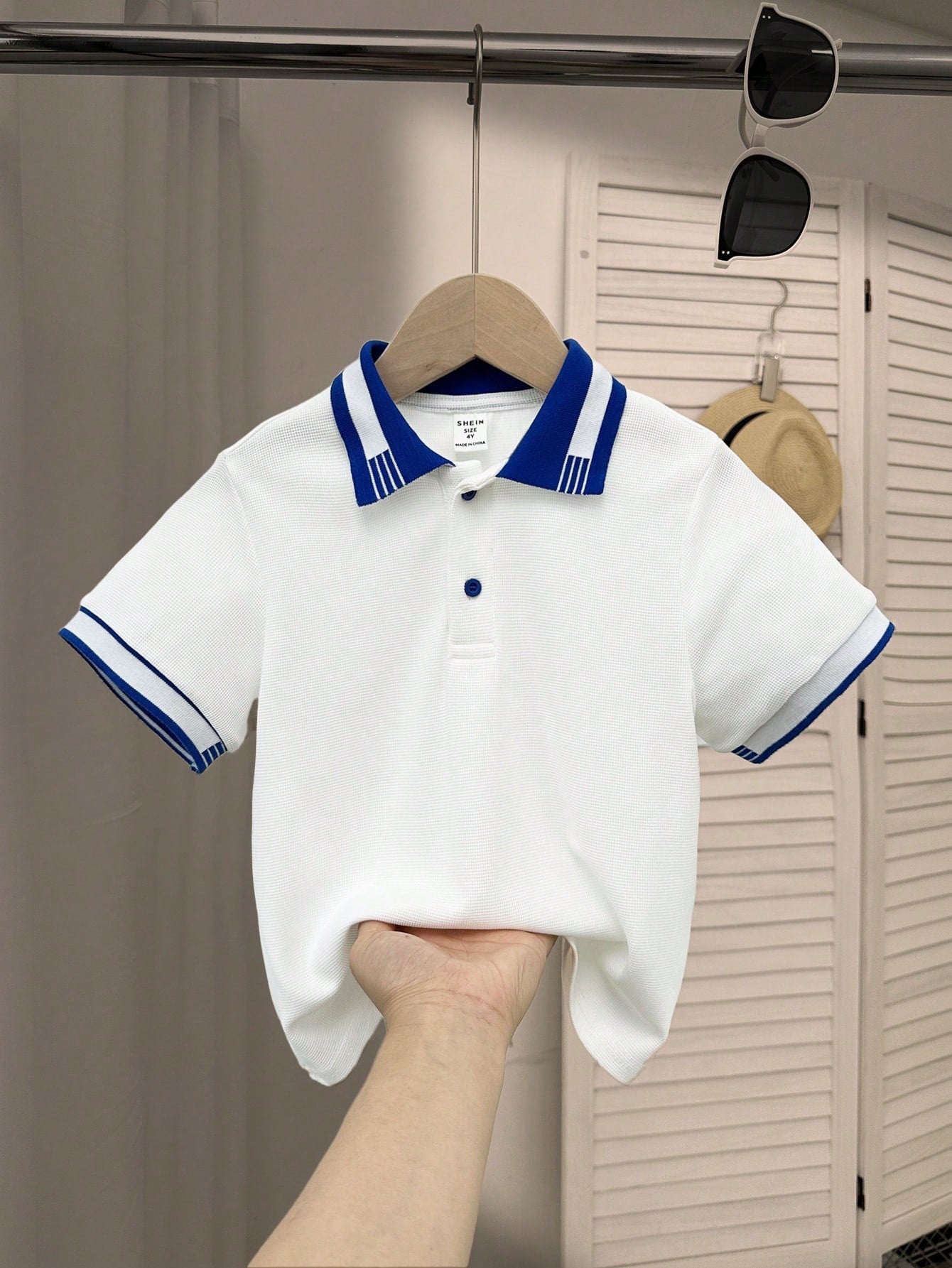 Young Boy Casual Color Block Striped Detail Flat Knit Half Placket Button Short Sleeve Polo Shirt