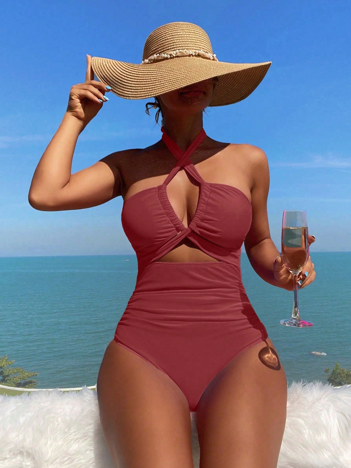 Swim Vcay Summer Beach Solid Color Halter Neck Knotted Cutout One-Piece Swimsuit