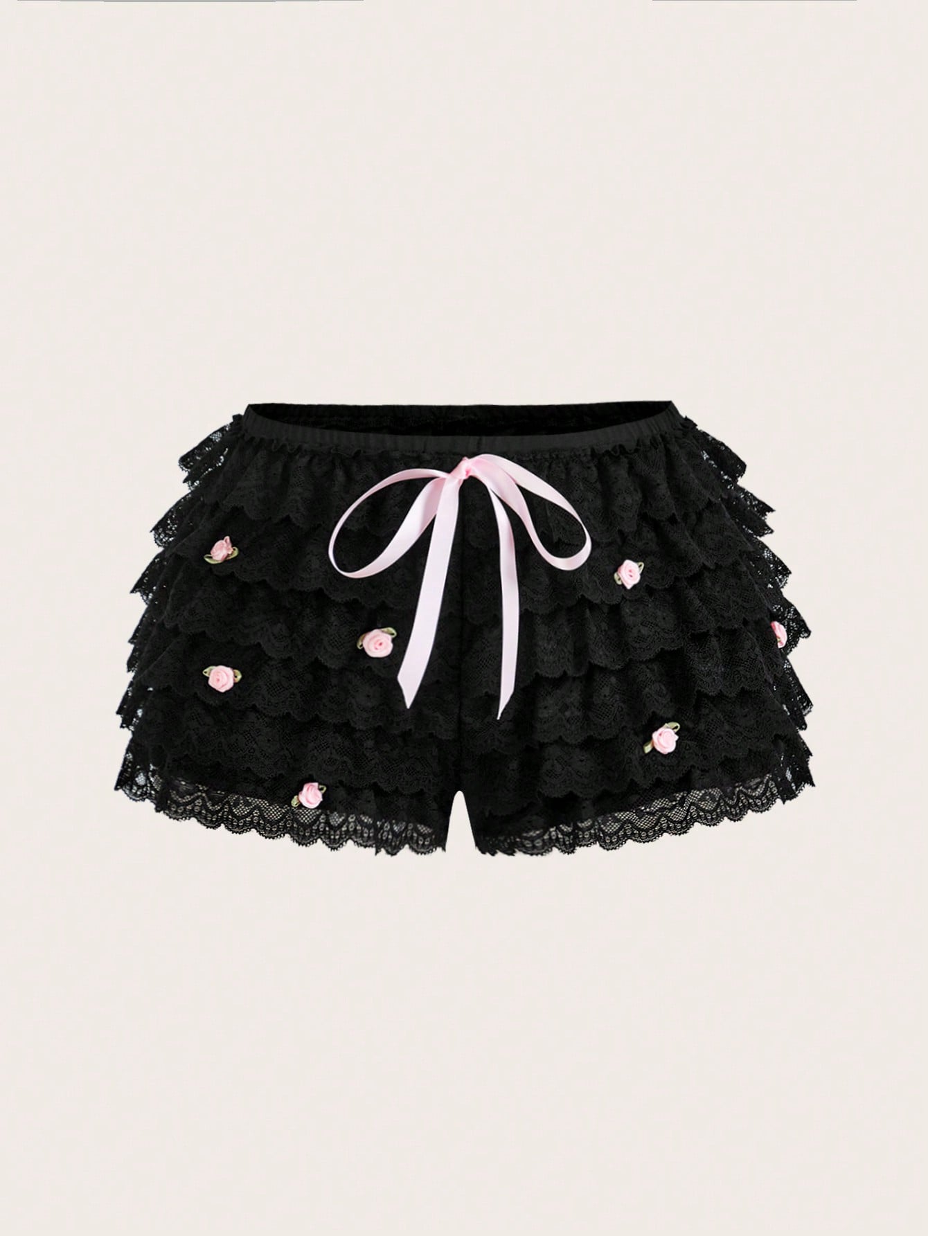 Sweetina Y2k Summer Spring Outfits Women Y2K Low Waist Lace Layered Cake Shorts With 3D Flower Decoration And Color Block Bowknot Design