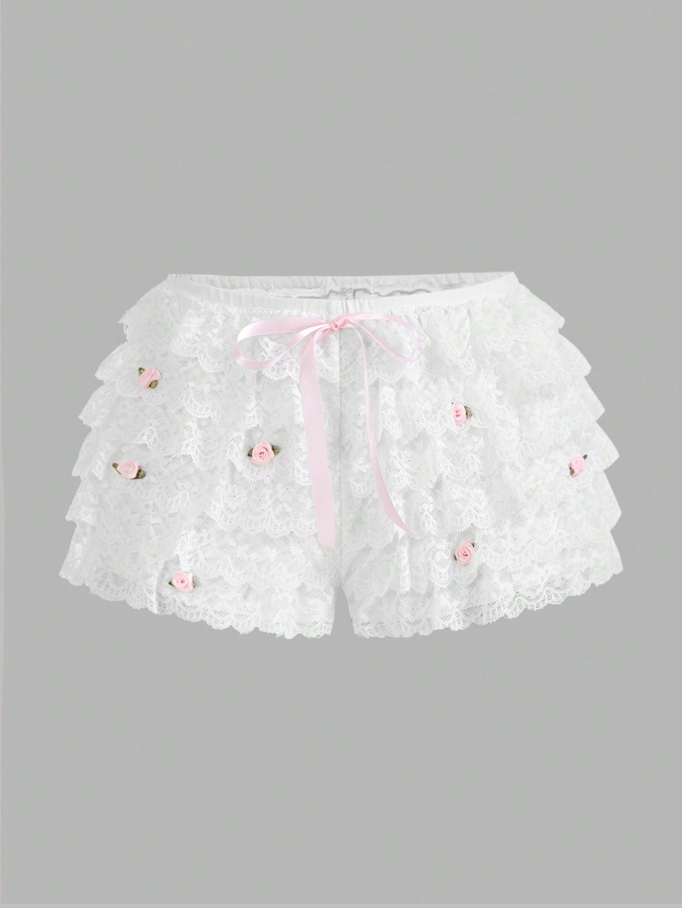 Sweetina Y2k Summer Spring Outfits Women Y2K Low Waist Lace Layered Cake Shorts With 3D Flower Decoration And Color Block Bowknot Design