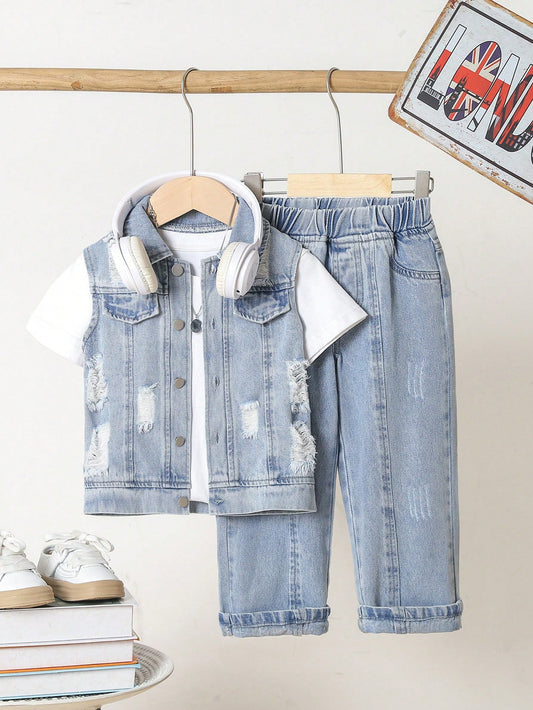 Streecool Kids Little Boys' Street Style Ripped Denim Vest And Pants Denim Set, Casual Outfits