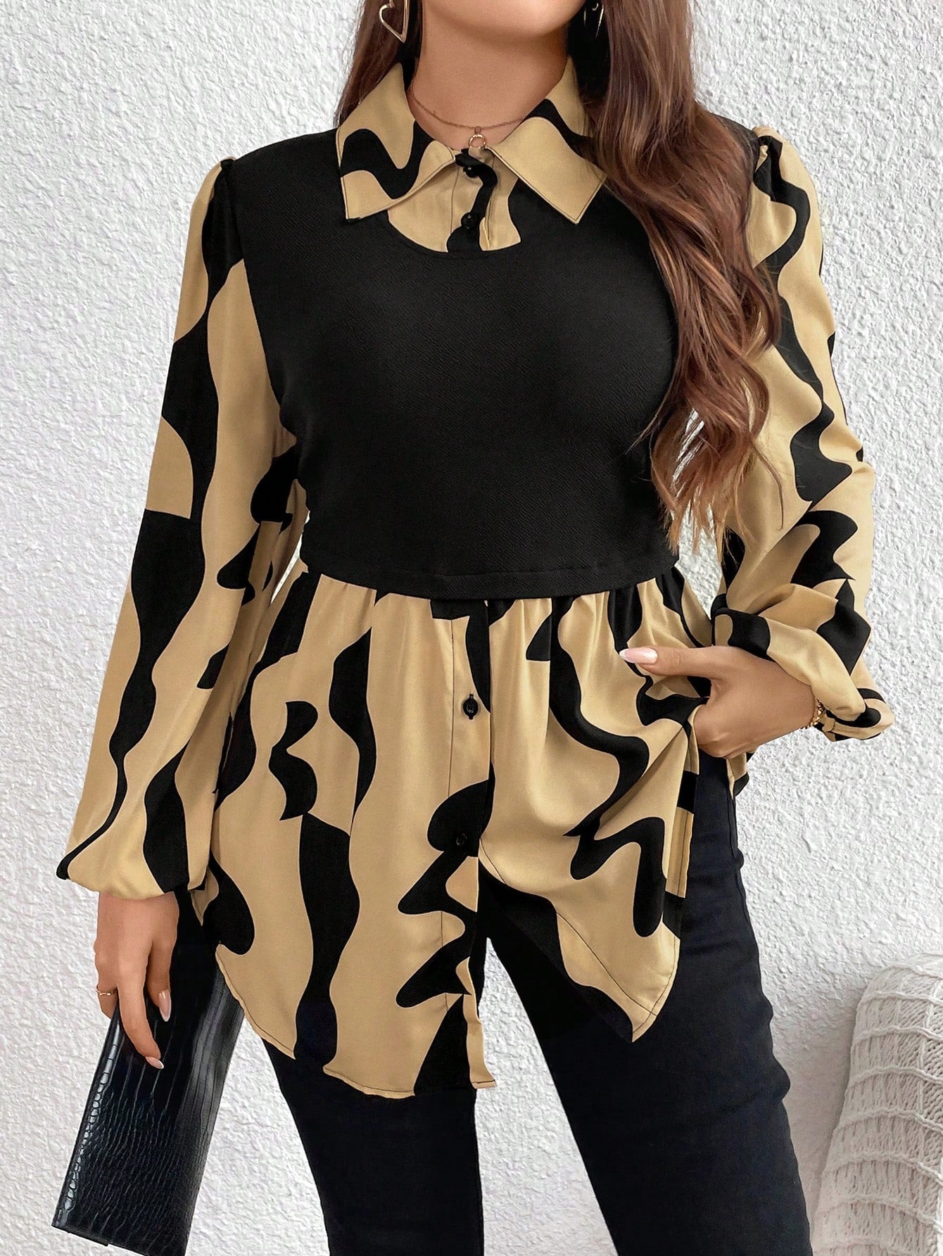 Plus Size Women's Leopard Print Long Sleeve Shirt Collared Top Fall Women Clothes