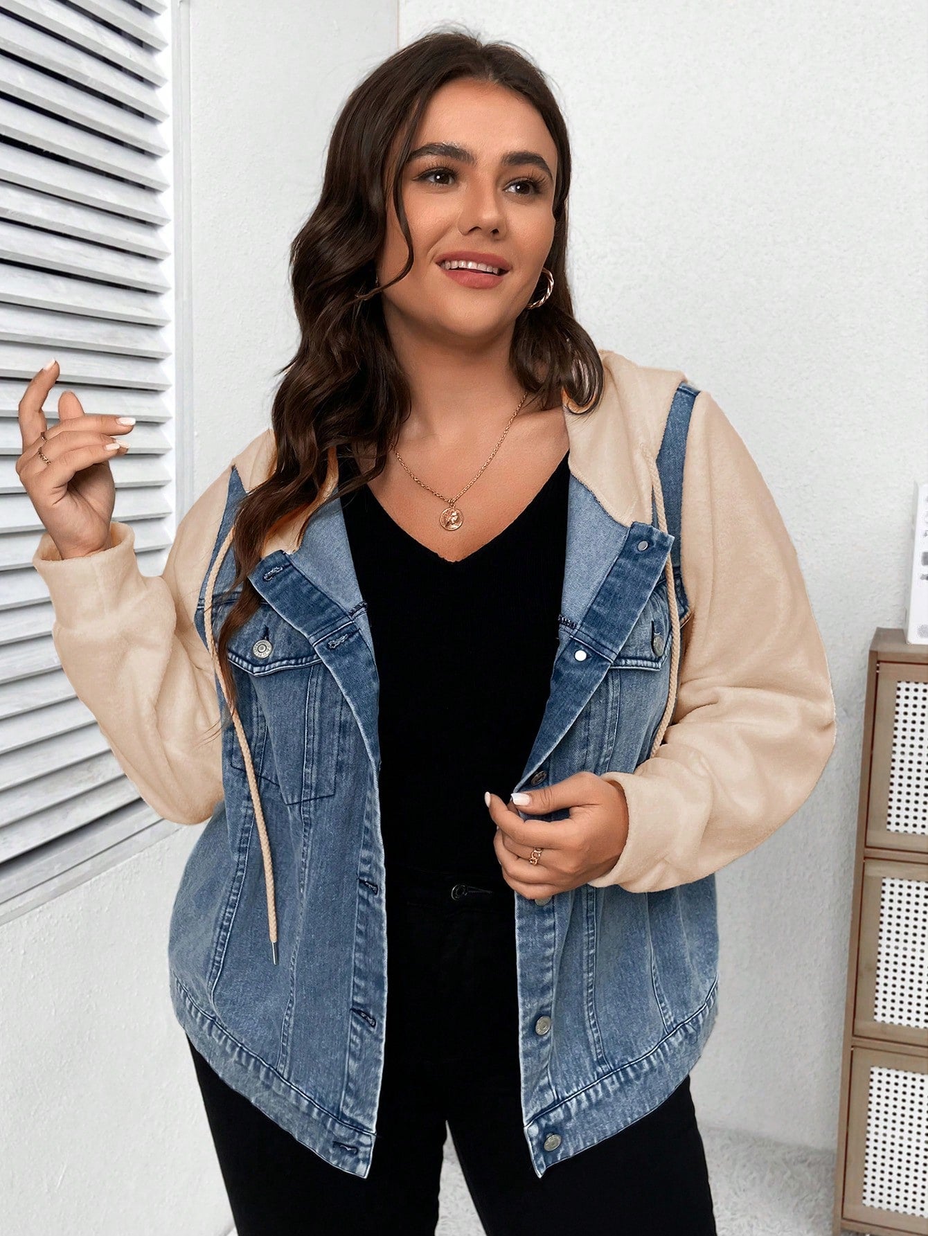 Plus Size Two Tone Denim Jacket With Hood