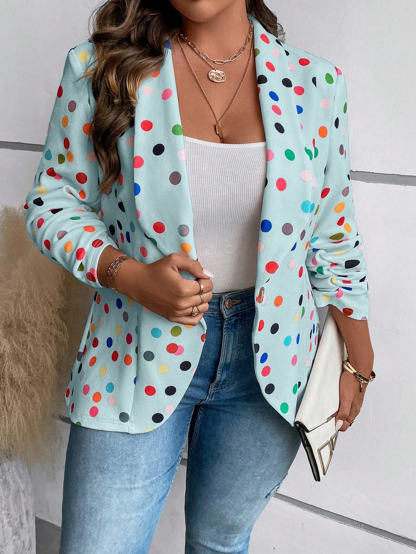 Plus Size Blue And White Printed Cuff Ruched Blazer