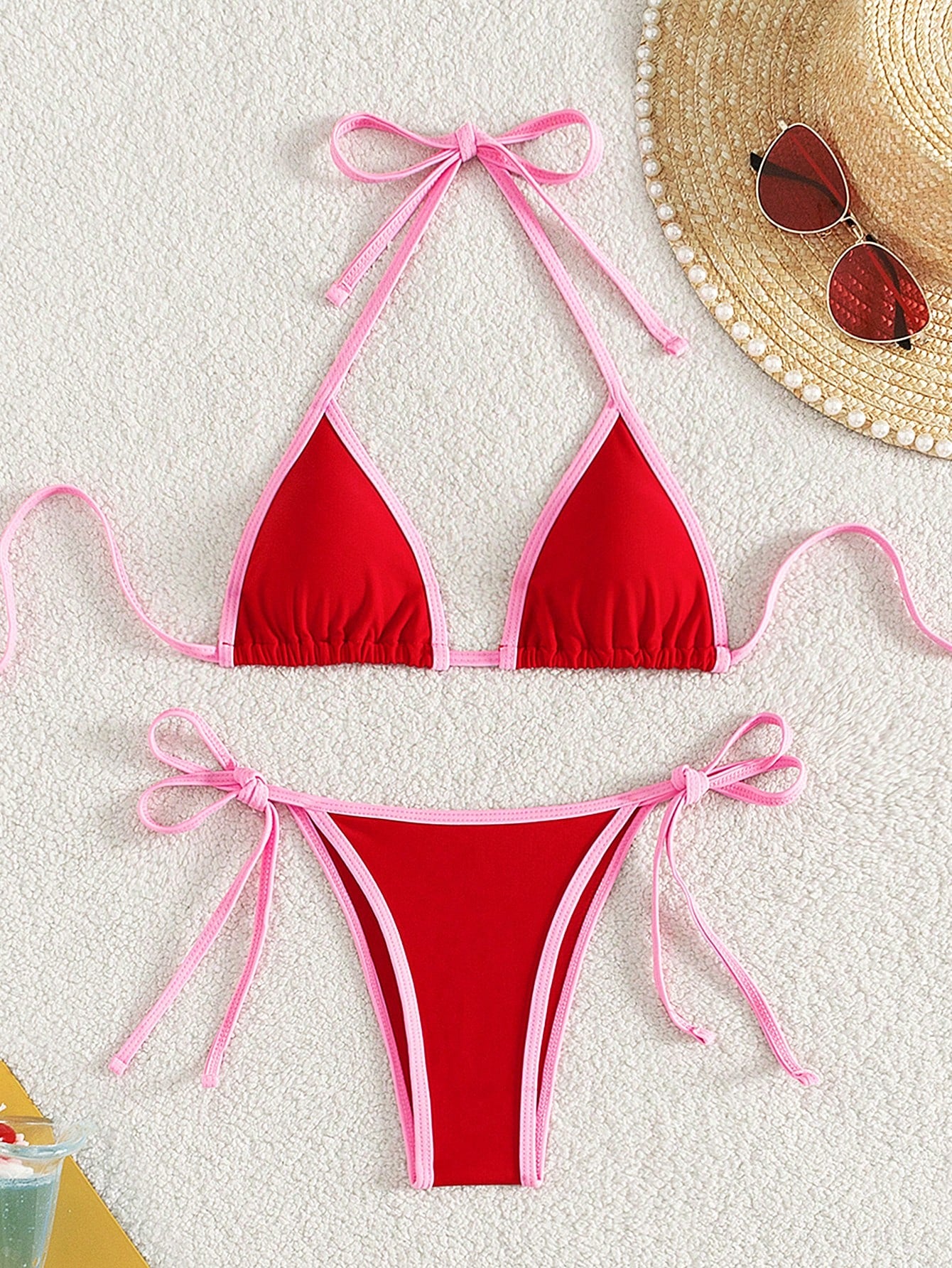 Swim Mod Summer Beach Contrast Binding Triangle Thong Bikini Set