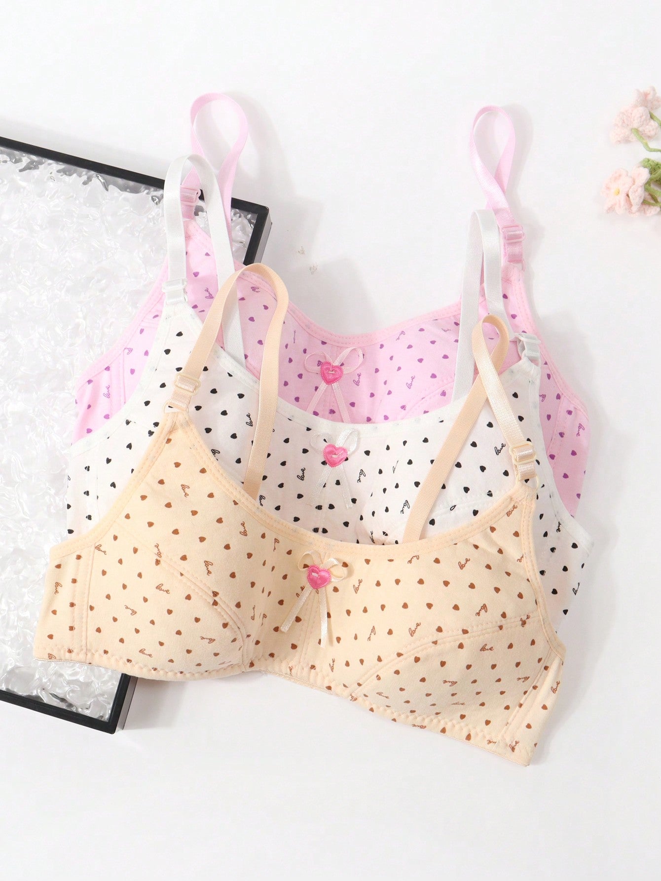 Teen Girl Cute Underwear Bra With Bowknot Decorated Shoulder Strap And All-Over Print Pattern