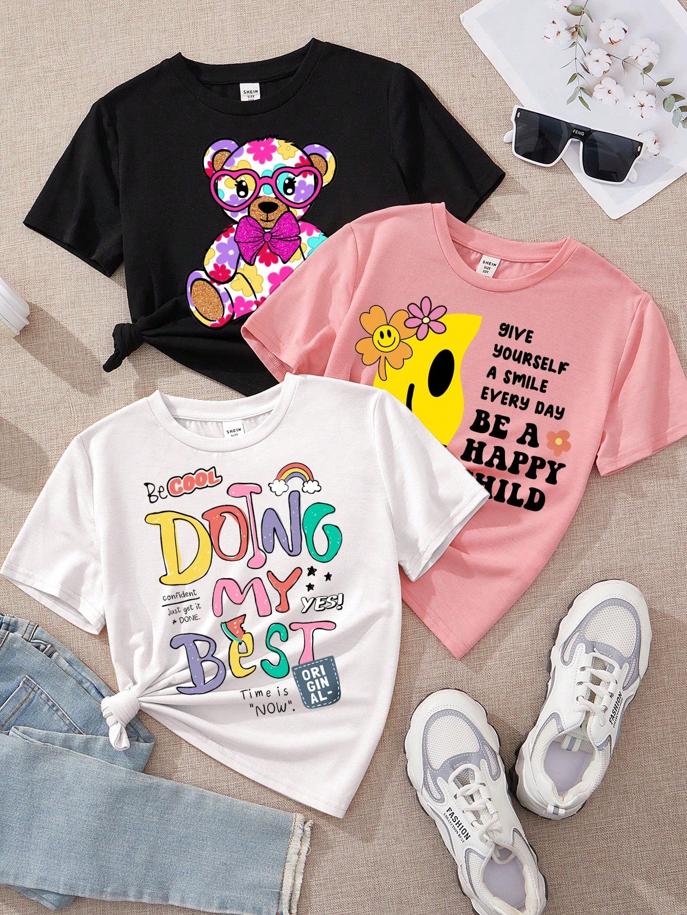 Summer Short Sleeve Round Neck Tops For Tween Girls, Multiple Cartoon , Letter And Bear Patterns, Funny T-Shirts In White, Pink And Black, Suitable For Summer