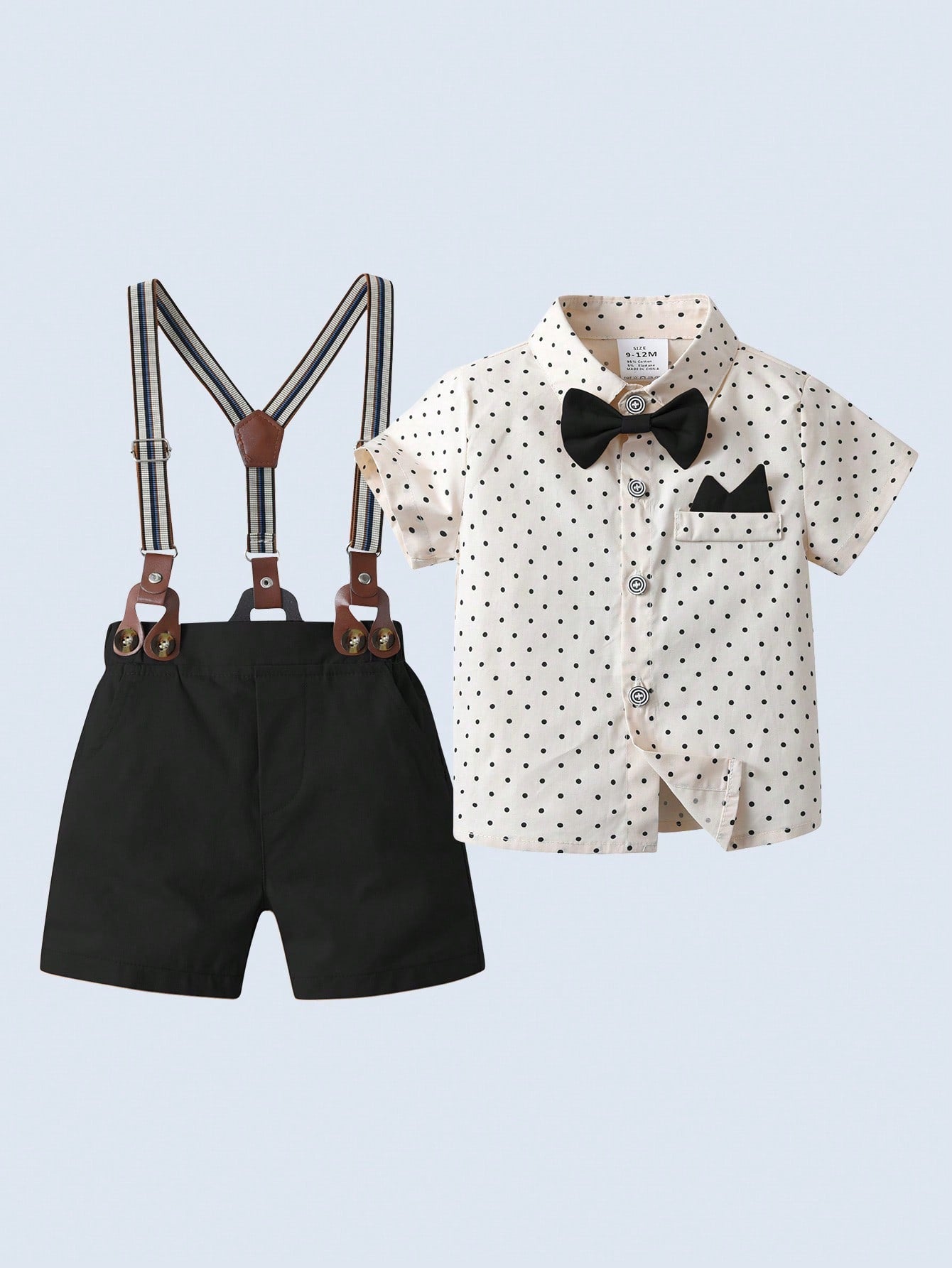 Young Boys' Gentleman Suit 2pcs Set, Short-Sleeved Collared Shirt With Bow Tie And Shorts/Overalls, Stylish And Handsome, Suitable For Birthday Parties, Weddings, Banquets, Performances