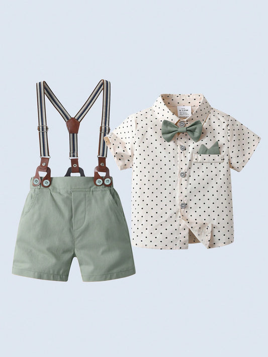 Young Boys' Gentleman Suit 2pcs Set, Short-Sleeved Collared Shirt With Bow Tie And Shorts/Overalls, Stylish And Handsome, Suitable For Birthday Parties, Weddings, Banquets, Performances